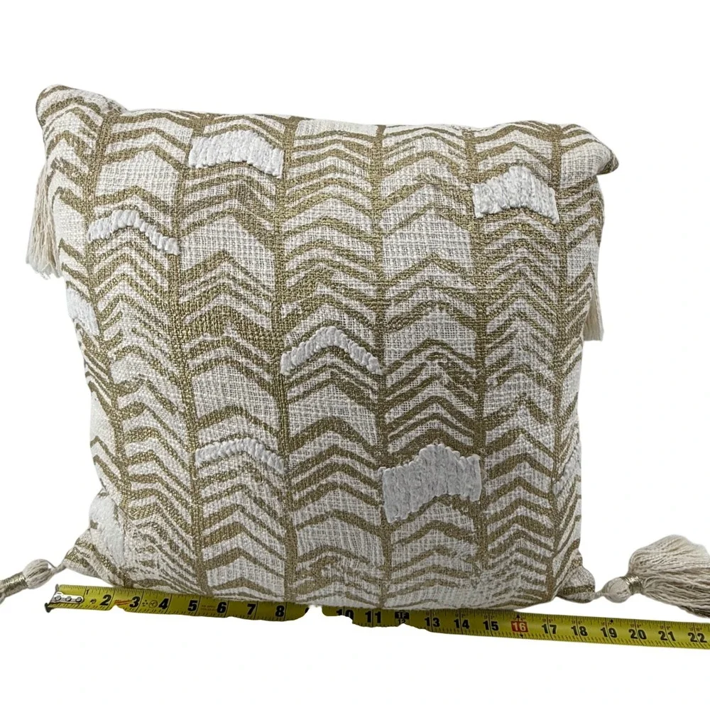Max Studio 18x18 Throw Pillow Gold‎ Cream Chevron Tassel Boho Glam Decor